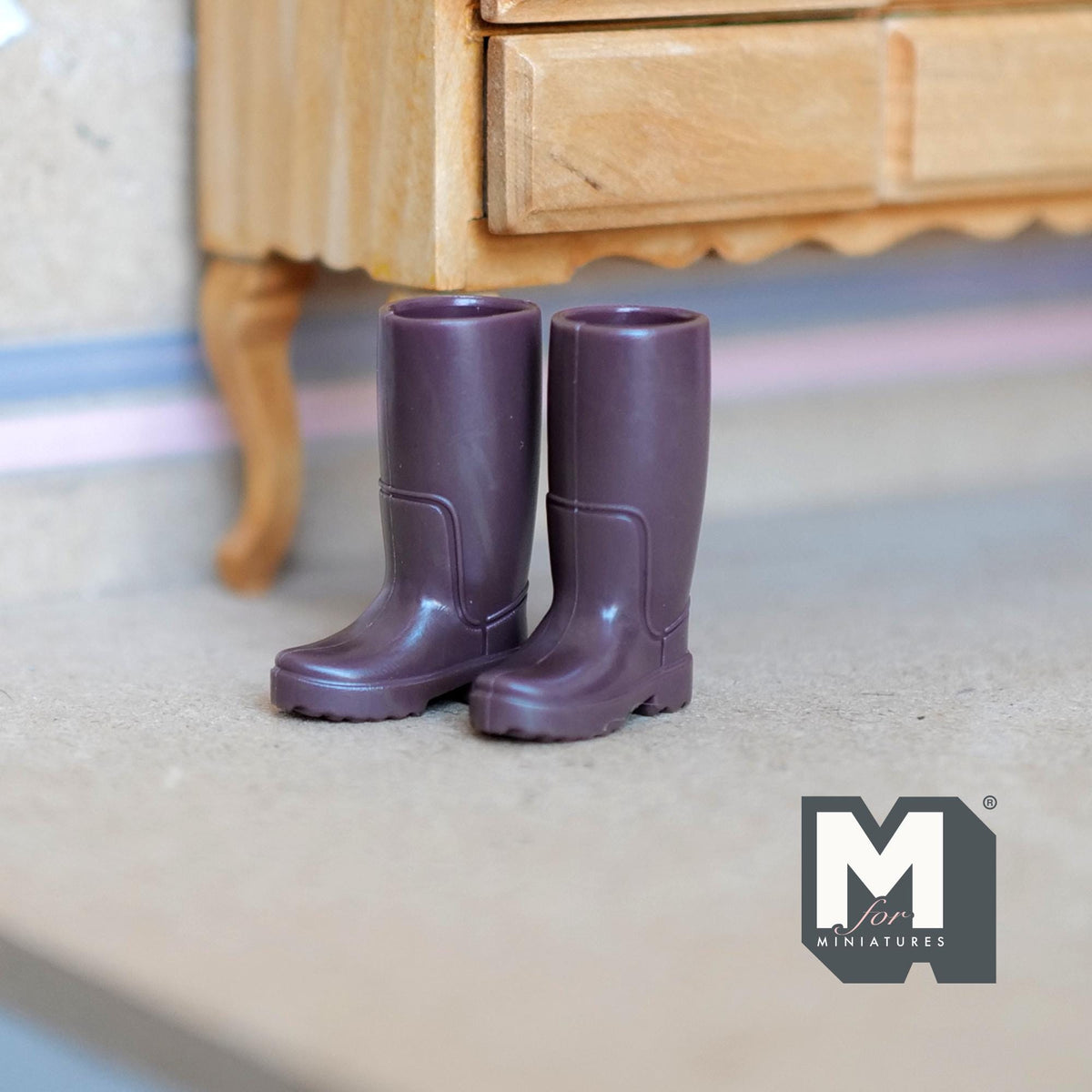 1:12 Scale Miniature Rubber Rain Boots, Pair, 1-5/16 inch tall, DIY Dollhouse Supply (brown)