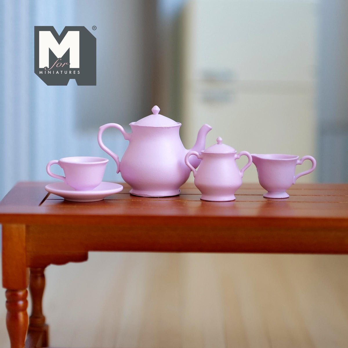 1:6 Scale Miniature Tea Set with Teapot, Cup, Saucer, Milk Jug and Sugar Bowl, Set of 5, DIY Dollhouse Supply (lavender)