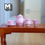 Miniature Metal Teapot and Cups Set 1:6 Scale Dollhouse Supplies Kitchenware Teapot Milk Jug Saucer Cup and Plates (pink) - A035