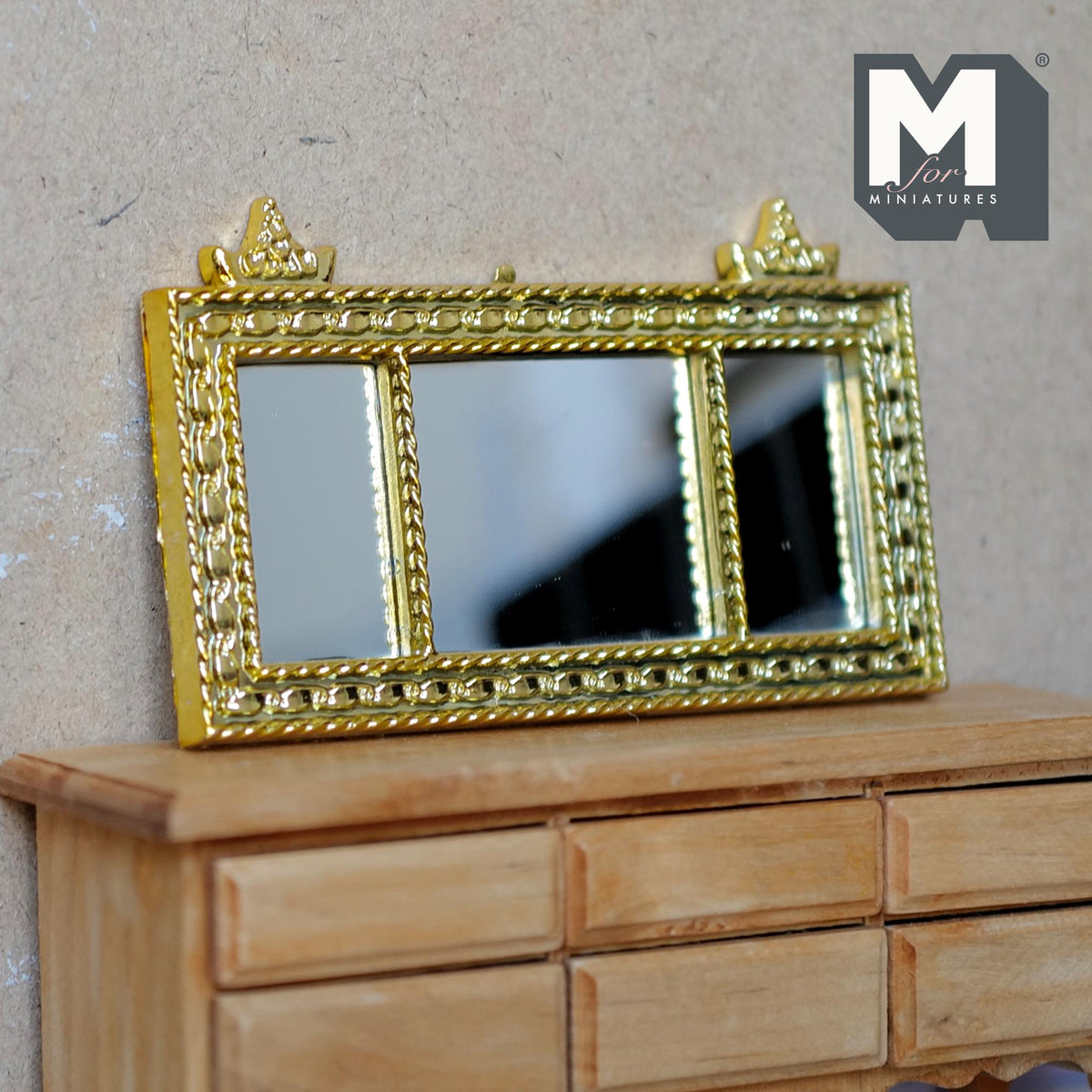 Miniature Mantel Mirror 1:12 Scale Dollhouse Supplies Ornate Frame Triple Panel Mirror 4-3/16 inch wide - F032