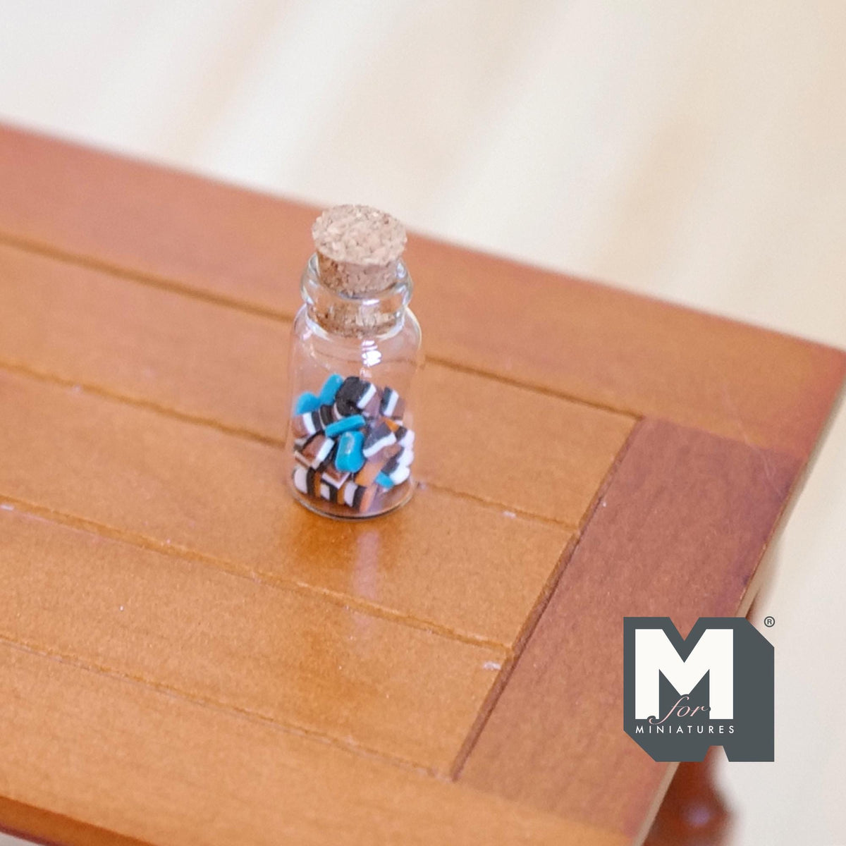1:12 Scale Miniature Licorice Candy Jar with Cork Lid, 13/16 inch tall, DIY Dollhouse Supply (glass)