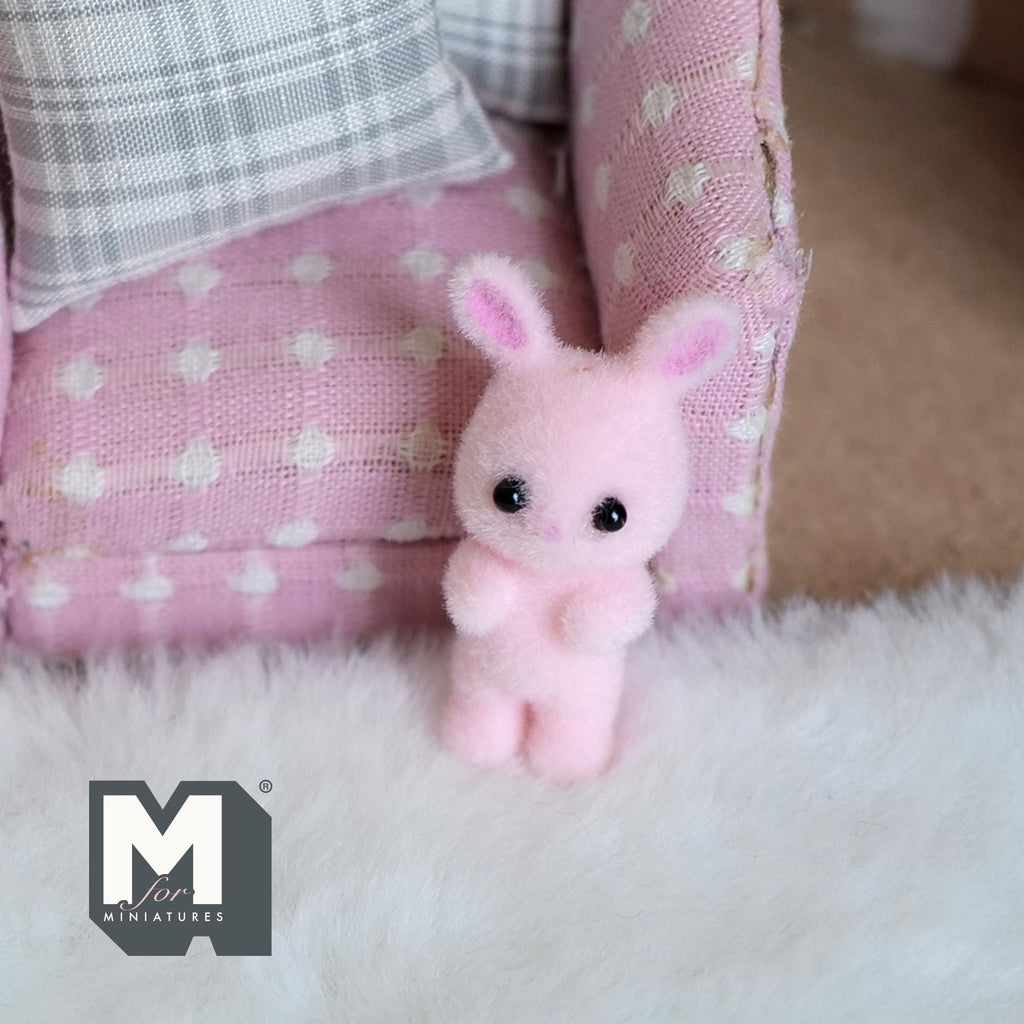 1:12 Scale Miniature Sitting Bunny Doll, 1-5/16 inch tall, DIY Dollhouse Supply (flocked skin) (pink)