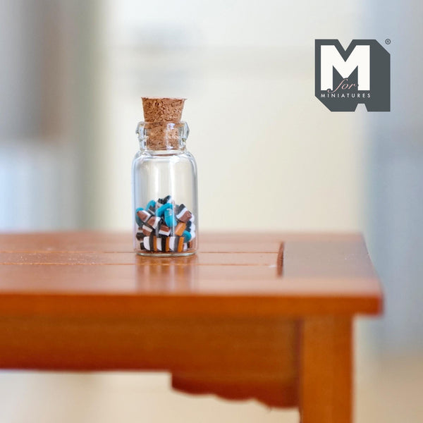 Miniature Jar of liquorice bits 1:12 Scale Dollhouse Supplies Glass Jar with Cork Lid 13/16 inch tall (glass) - E010