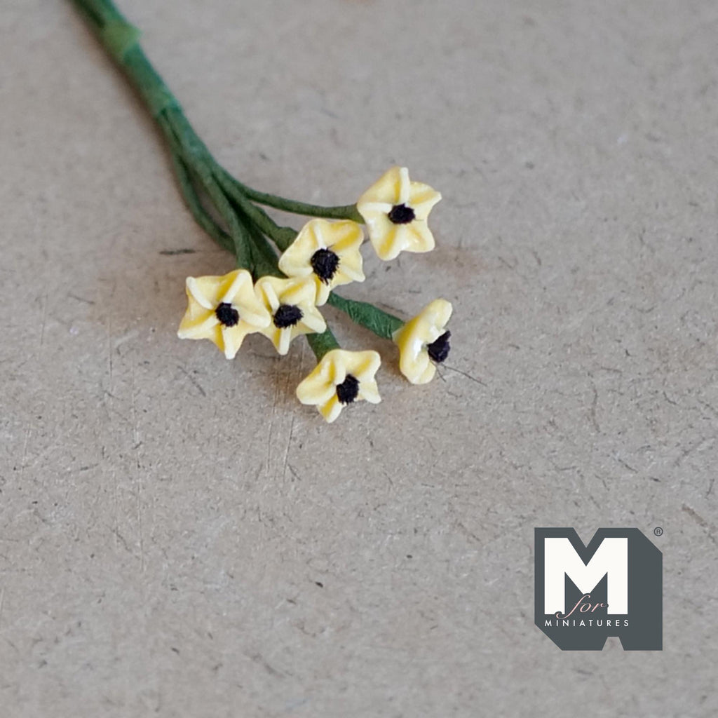 1:12 scale miniature yellow star flowers bunch with dark centers on green wire stems, for fairy garden and diorama