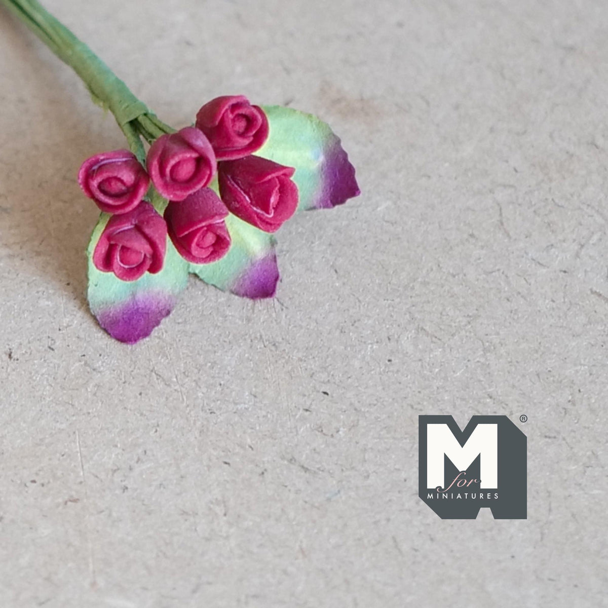 1:12 Scale Miniature Red Rosebuds Bunch with Leaves, Flower Stem for Fairy Garden and Diorama, 3-1/8 inch long