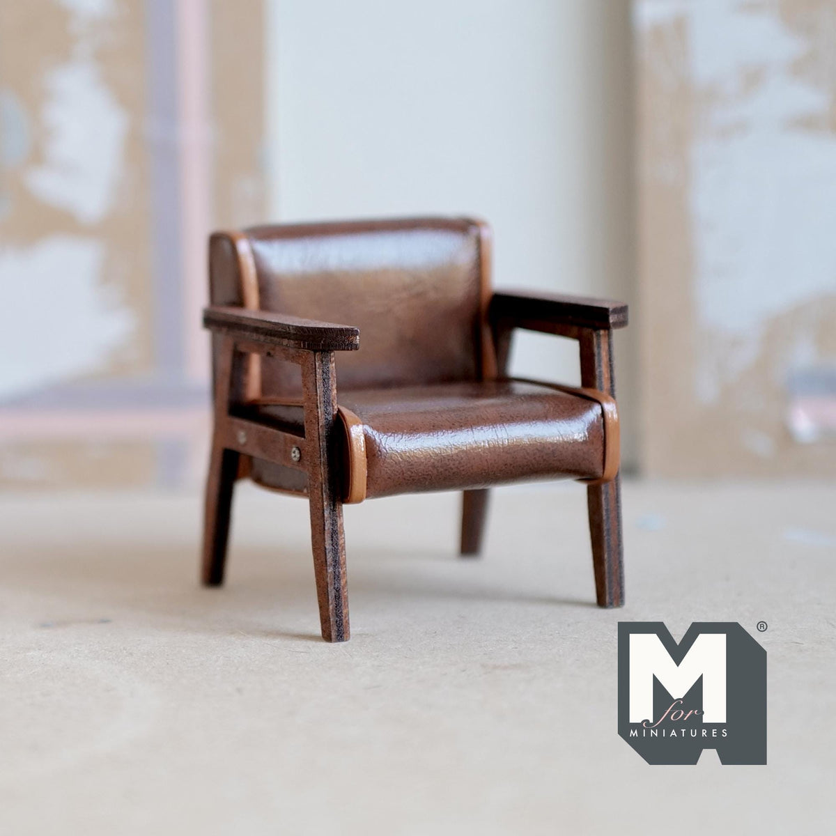 1:12 Scale Miniature Mid Century Lounge Chair, Wood Frame, Faux Leather Seat, 2-1/2 inch wide, DIY Dollhouse Supply (light brown)