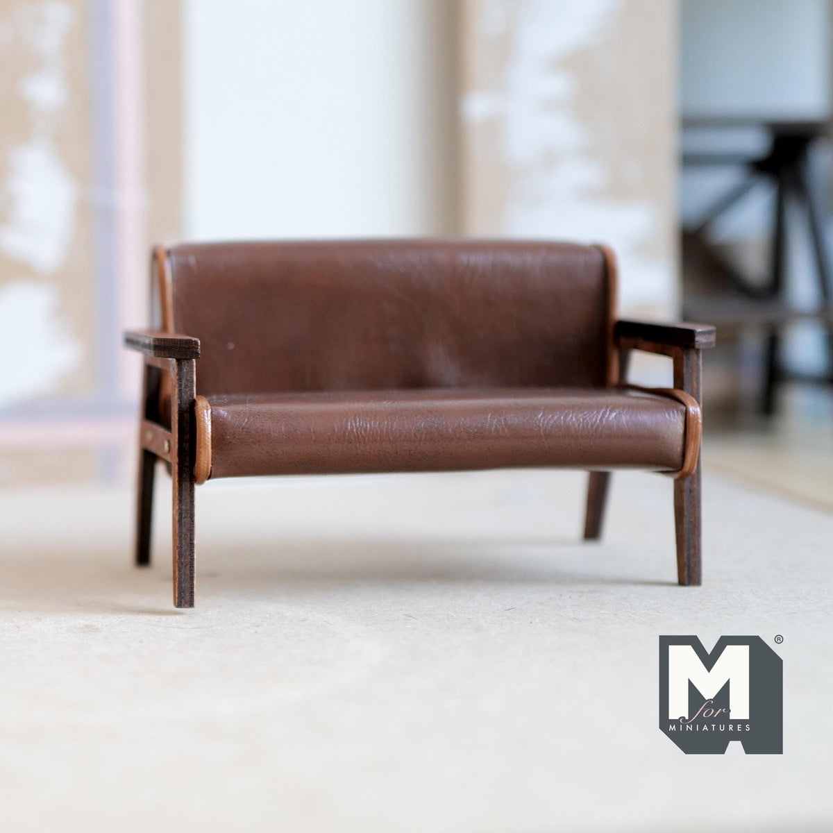 1:12 Scale Miniature Mid Century Loveseat, 2 Seater Sofa, Light Brown Faux Leather, Wood Frame, 4-1/2 inch wide, DIY Dollhouse Supply