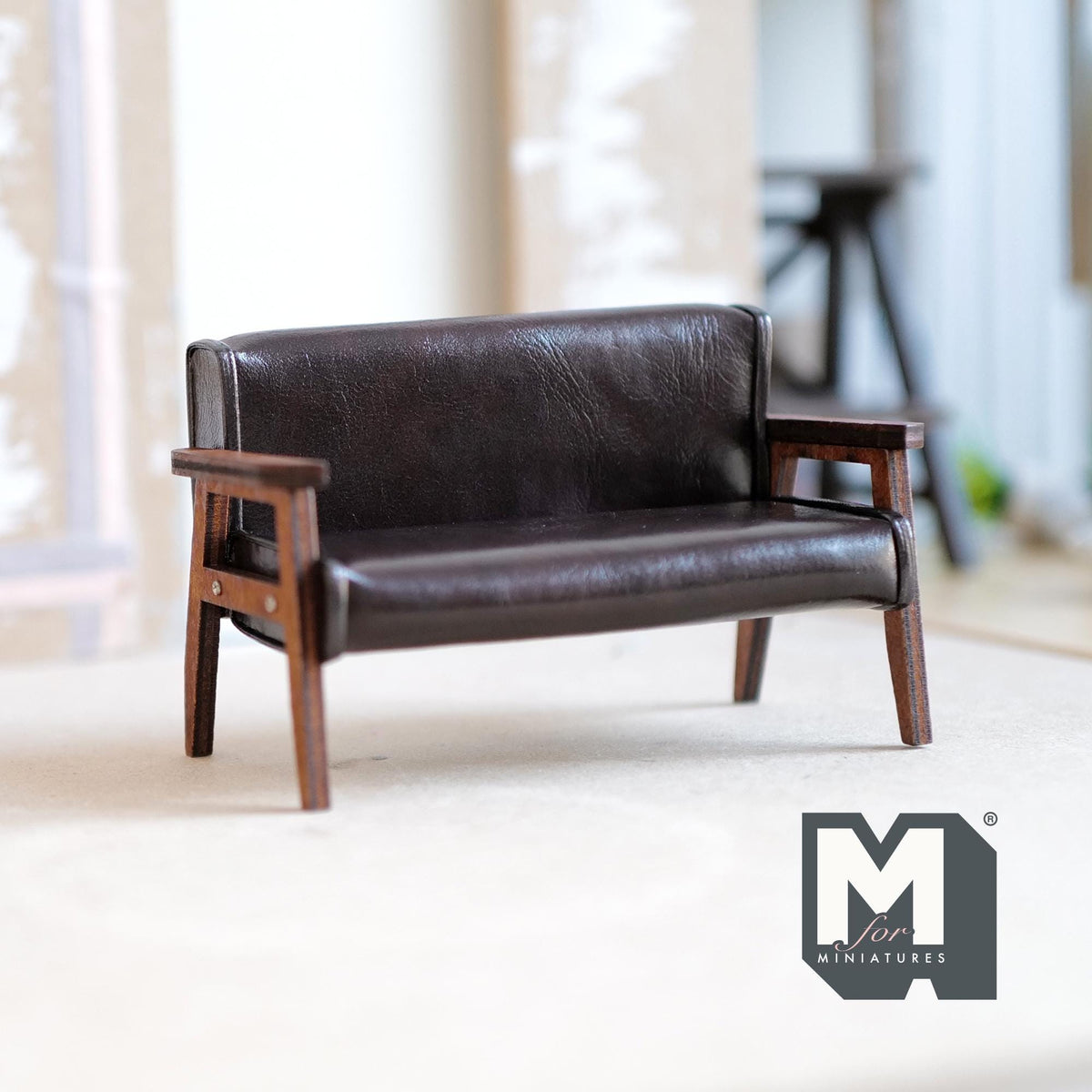 1:12 Scale Miniature Mid Century Loveseat, 2 Seater Sofa, Dark Brown Faux Leather, Angular Wood Frame, 4-1/2 inch wide, DIY Dollhouse Supply