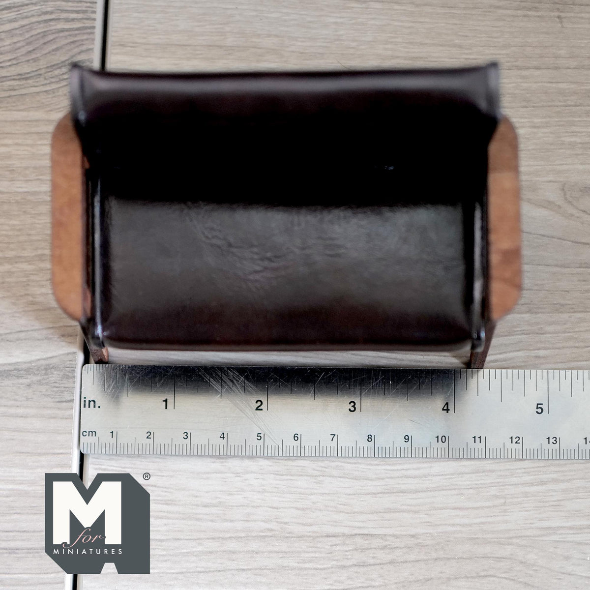 1:12 Scale Miniature Mid Century Loveseat, 2 Seater Sofa, Dark Brown Faux Leather, Angular Wood Frame, 4-1/2 inch wide, DIY Dollhouse Supply