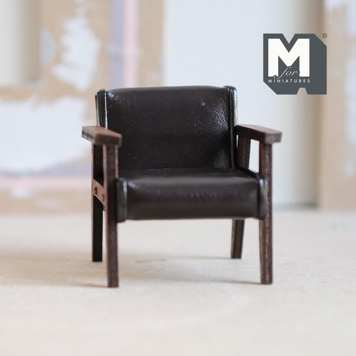 1:12 Scale Miniature Faux Leather Lounge Chair, Mid Century Modern, Wood Frame, 2-1/2 inch wide, DIY Dollhouse Supply (dark brown)