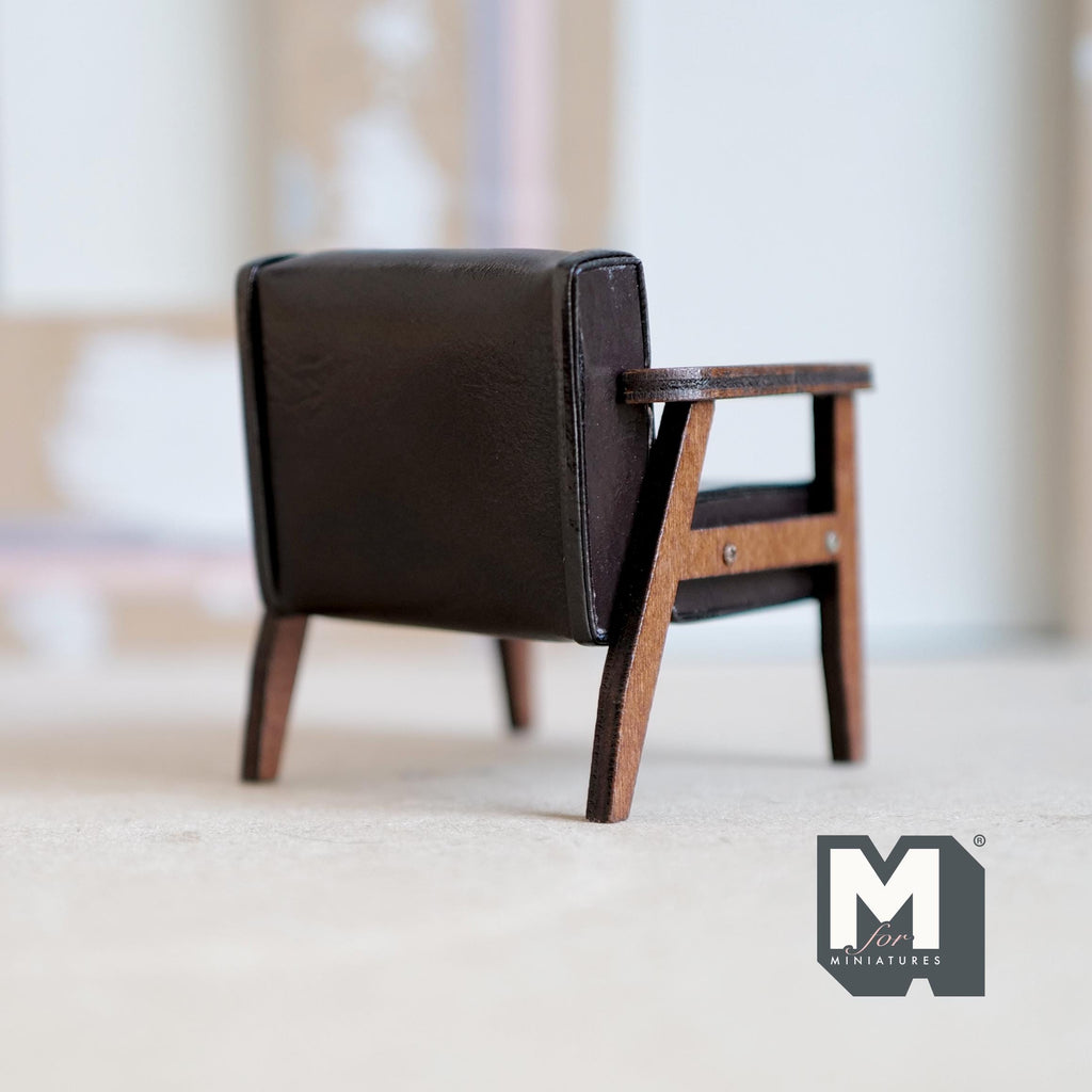 1:12 Scale Miniature Faux Leather Lounge Chair, Mid Century Modern, Wood Frame, 2-1/2 inch wide, DIY Dollhouse Supply (dark brown)