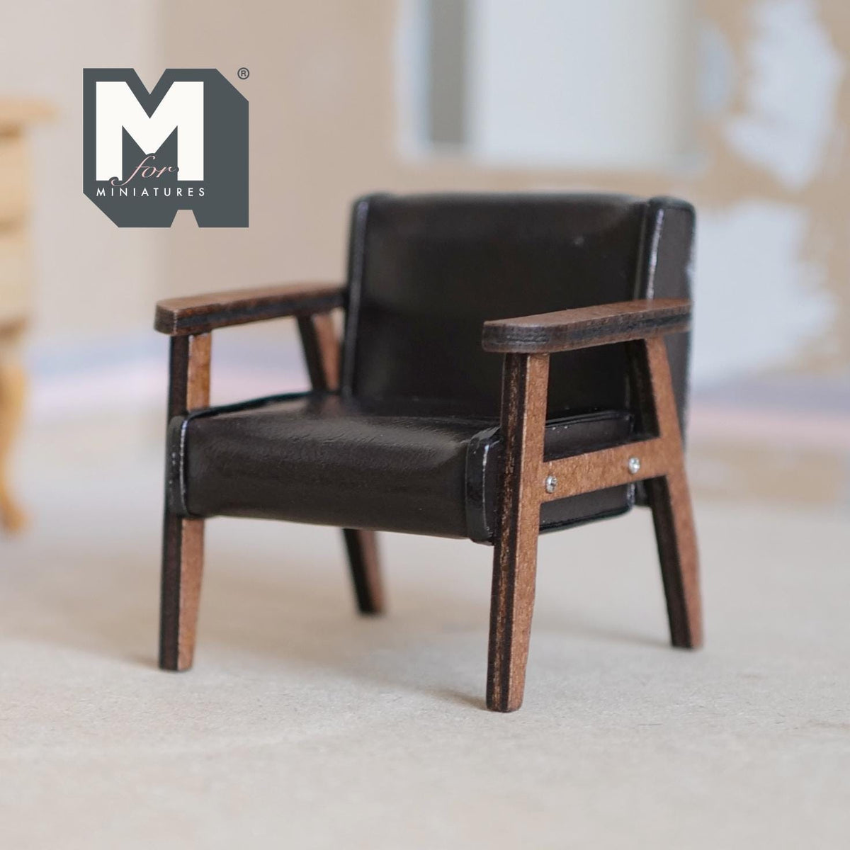 1:12 Scale Miniature Faux Leather Lounge Chair, Mid Century Modern, Wood Frame, 2-1/2 inch wide, DIY Dollhouse Supply (dark brown)
