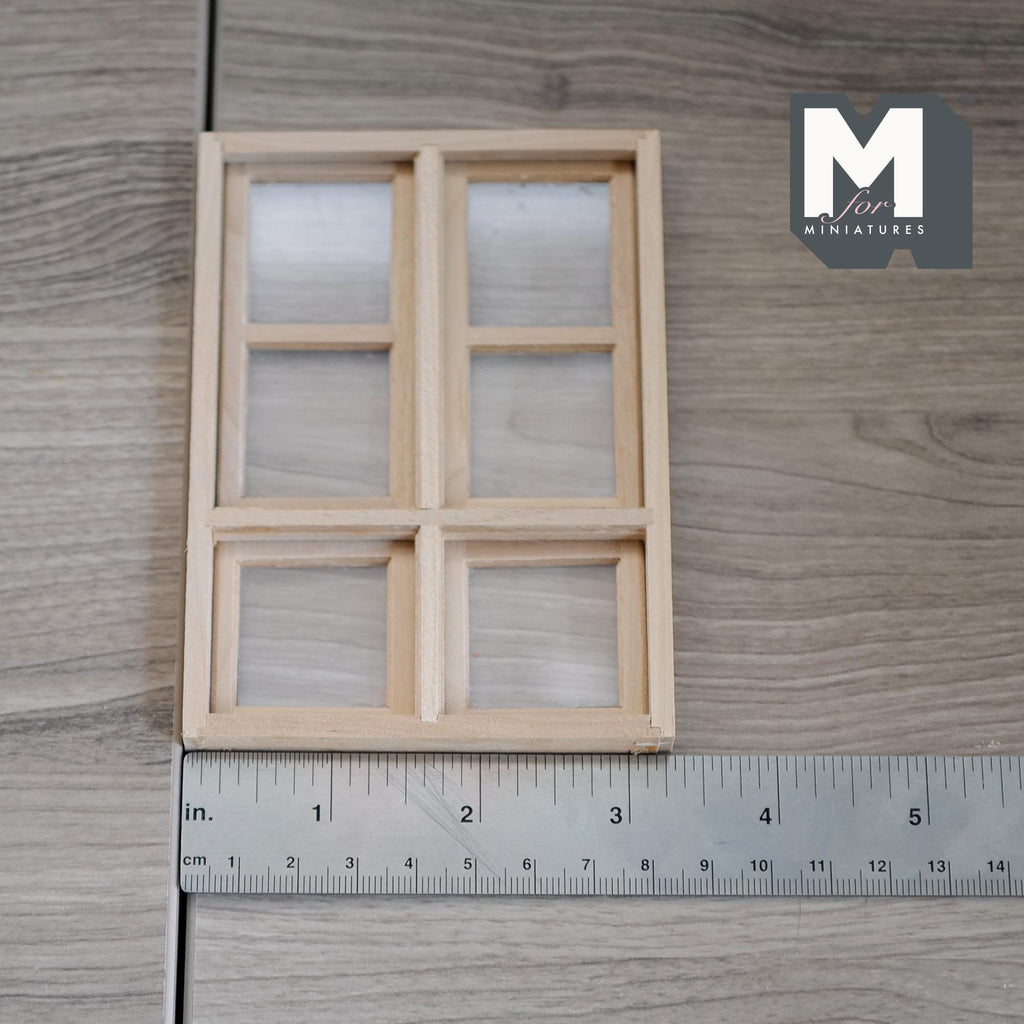 1:12 Scale Miniature Unpainted Wood 6 Pane Sash Window with Acrylic Glazing, 4-1/2 inch high, DIY Dollhouse Supply