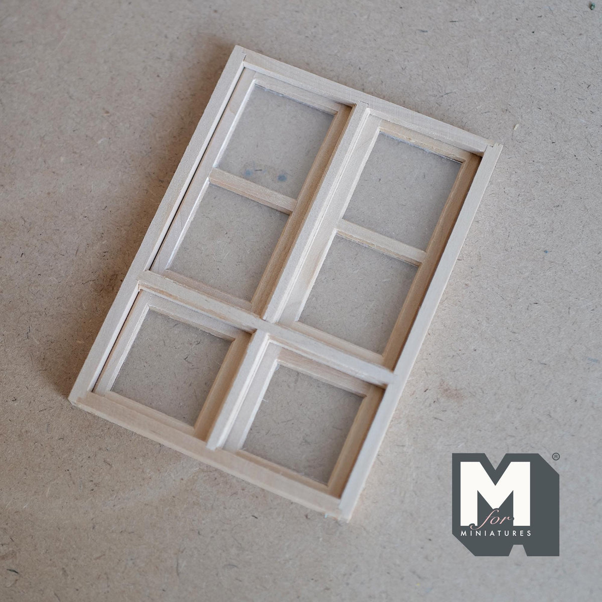 1:12 Scale Miniature Unpainted Wood 6 Pane Sash Window with Acrylic Glazing, 4-1/2 inch high, DIY Dollhouse Supply