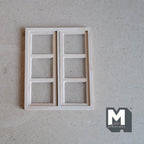 1:12 scale miniature unpainted wood 6 pane double sliding window with acrylic glazing, shown flat on a gray surface