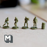 12 Miniature Army and Accessories 7/16 inch tall 1:150 Scale Soldiers Stretcher Sandbag Crate Drum UNASSEMBLED Set of 16  - K021