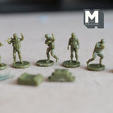12 Miniature Army and Accessories 7/16 inch tall 1:150 Scale Soldiers Stretcher Sandbag Crate Drum UNASSEMBLED Set of 16  - K021