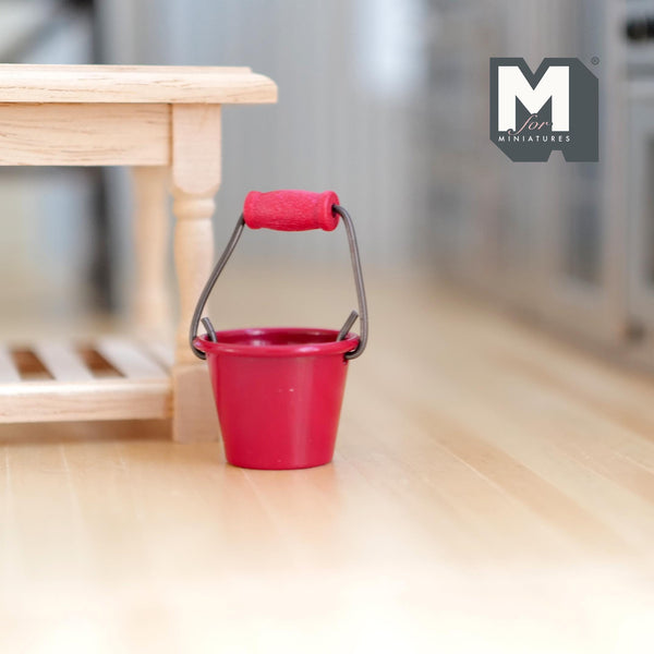Miniature Metal Bucket 1:12 Scale Dollhouse Supplies Red Bucket with Wood Handle - E031