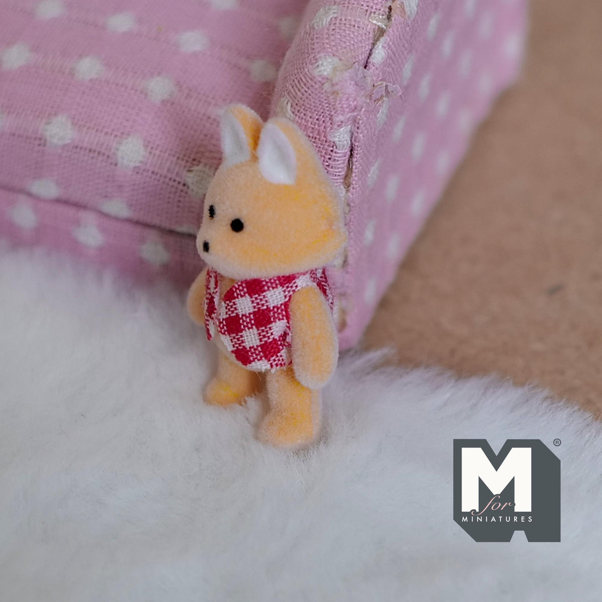 1:12 Scale Miniature Fox in Red Gingham Shirt, 1-7/16 inch tall, DIY Dollhouse Supply (flocked skin)