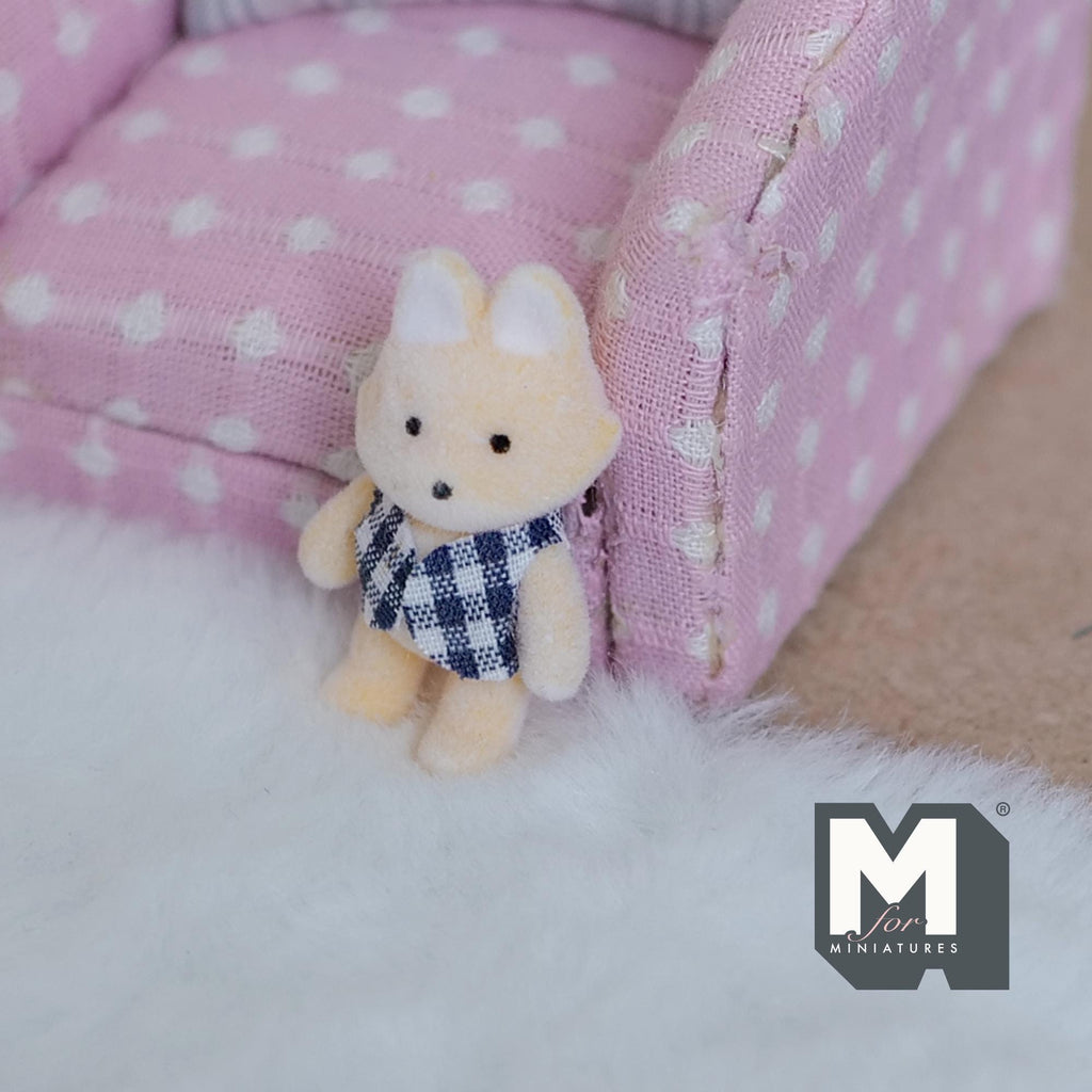 1:12 Scale Miniature Fox in Blue Gingham Shirt, 1-7/16 inch tall, DIY Dollhouse Supply (flocked skin)