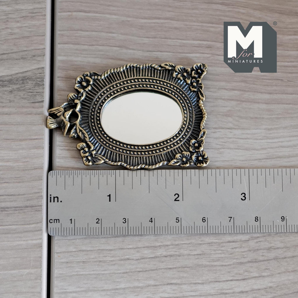 1:12 Scale Miniature Oval Mirror, Floral Frame with Bird, 2-3/8 inch tall, DIY Dollhouse Supply (metal)