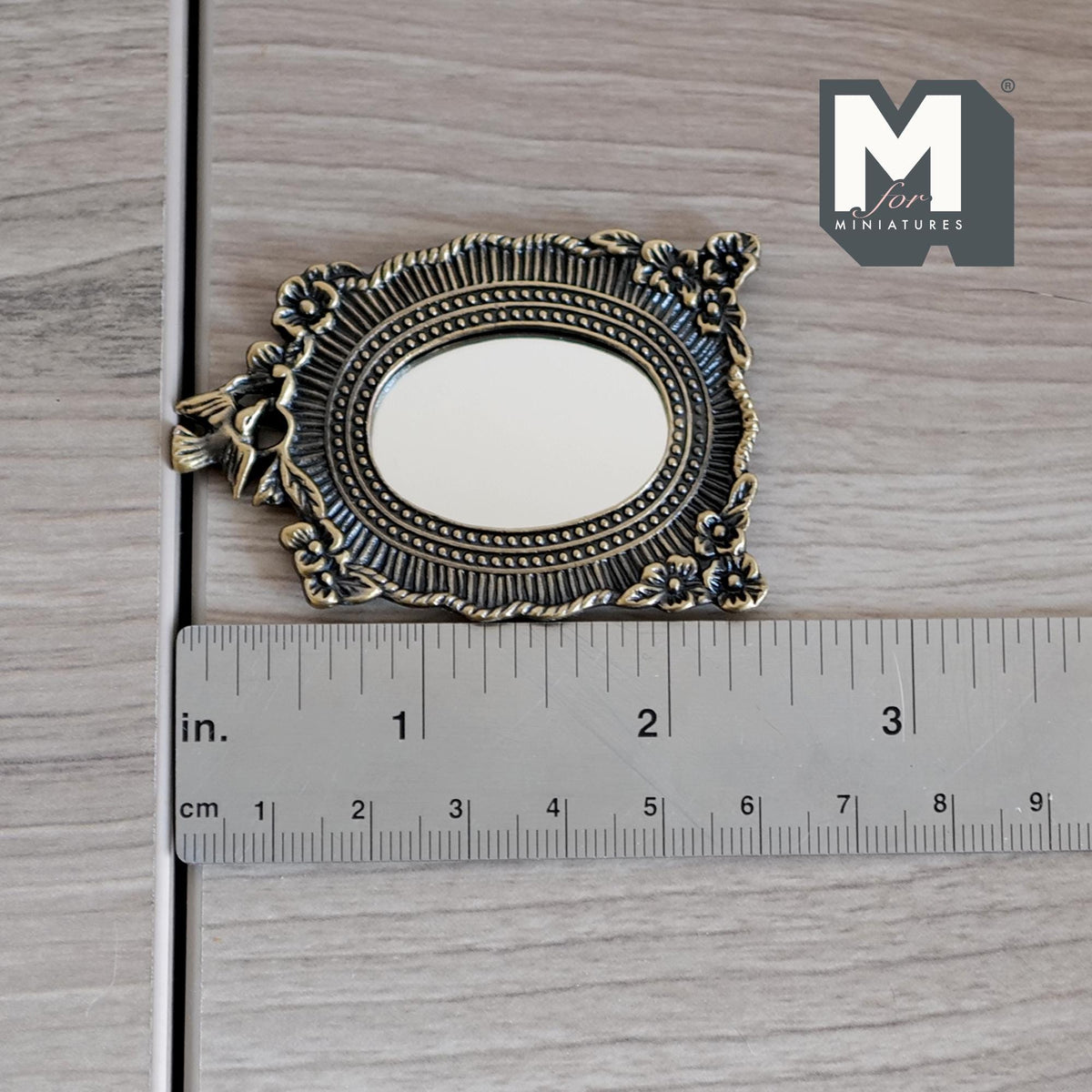 1:12 Scale Miniature Oval Mirror, Floral Frame with Bird, 2-3/8 inch tall, DIY Dollhouse Supply (metal)