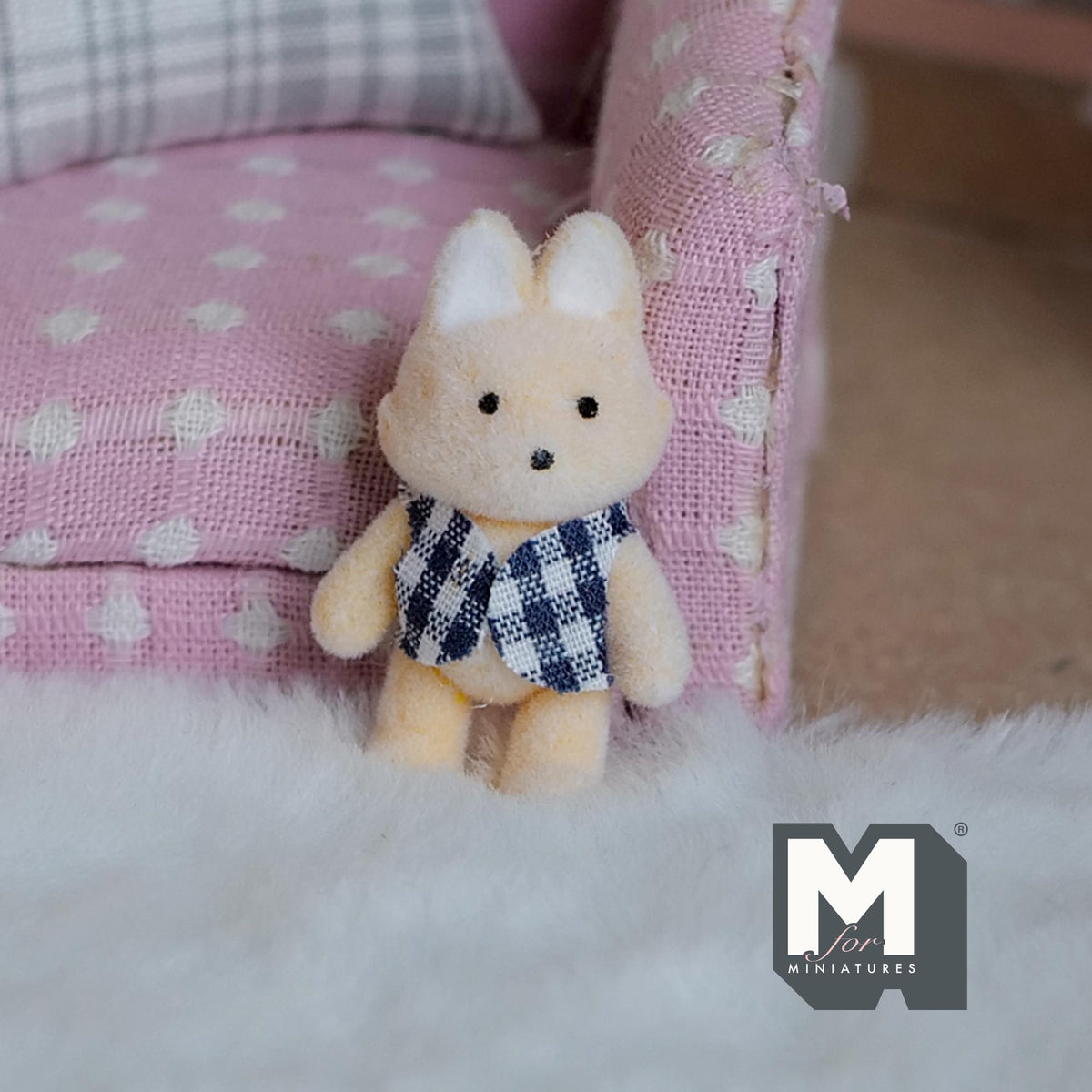 1:12 Scale Miniature Fox in Blue Gingham Shirt, 1-7/16 inch tall, DIY Dollhouse Supply (flocked skin)
