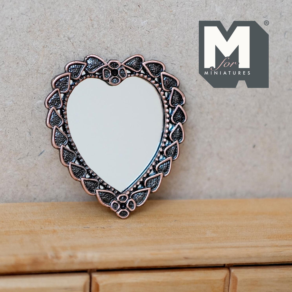 1:12 Scale Miniature Heart Shaped Mirror, Ornate Frame, 2-1/8 inch tall, DIY Dollhouse Supply (metal)