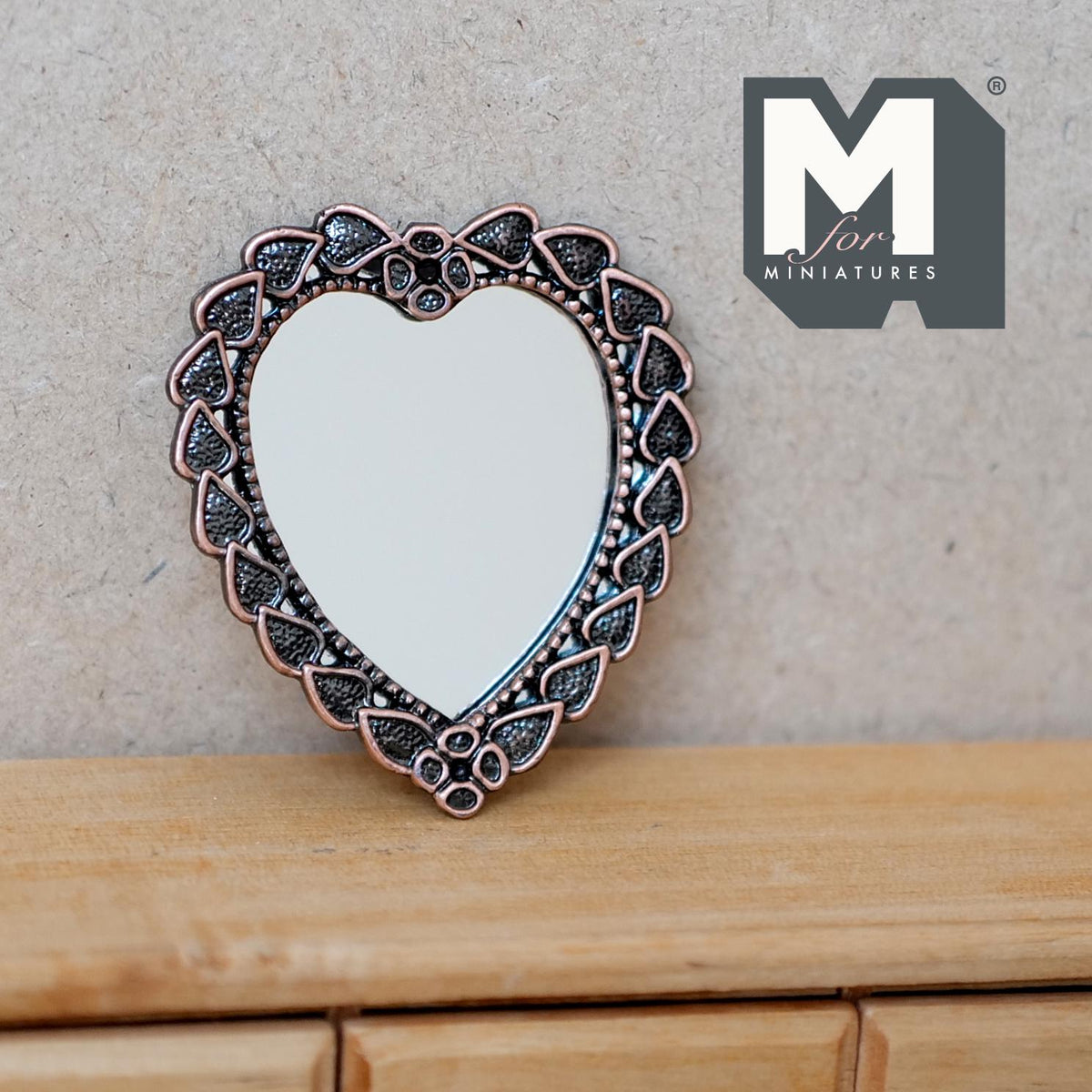 1:12 Scale Miniature Heart Shaped Mirror, Ornate Frame, 2-1/8 inch tall, DIY Dollhouse Supply (metal)