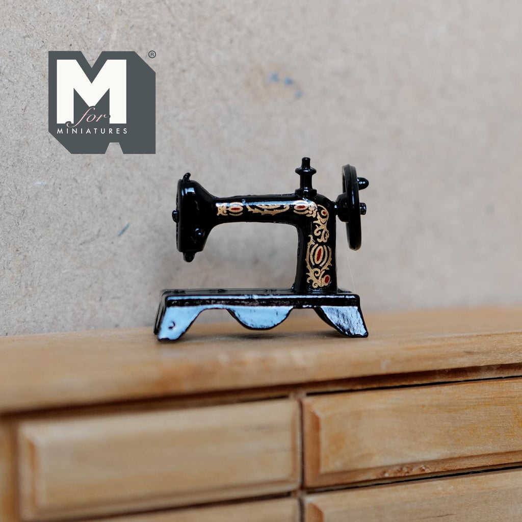 1:12 Scale Miniature Metal Sewing Machine, Vintage Treadle Style, 1-5/16 inch long, DIY Dollhouse Supply (black)