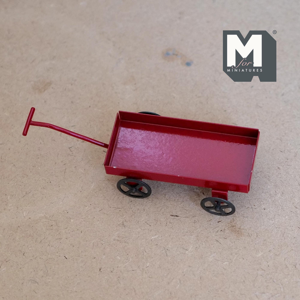 1:12 Scale Miniature Metal Pull Wagon with Long Handle, 1-3/16 inch wide, DIY Dollhouse Supply (red)