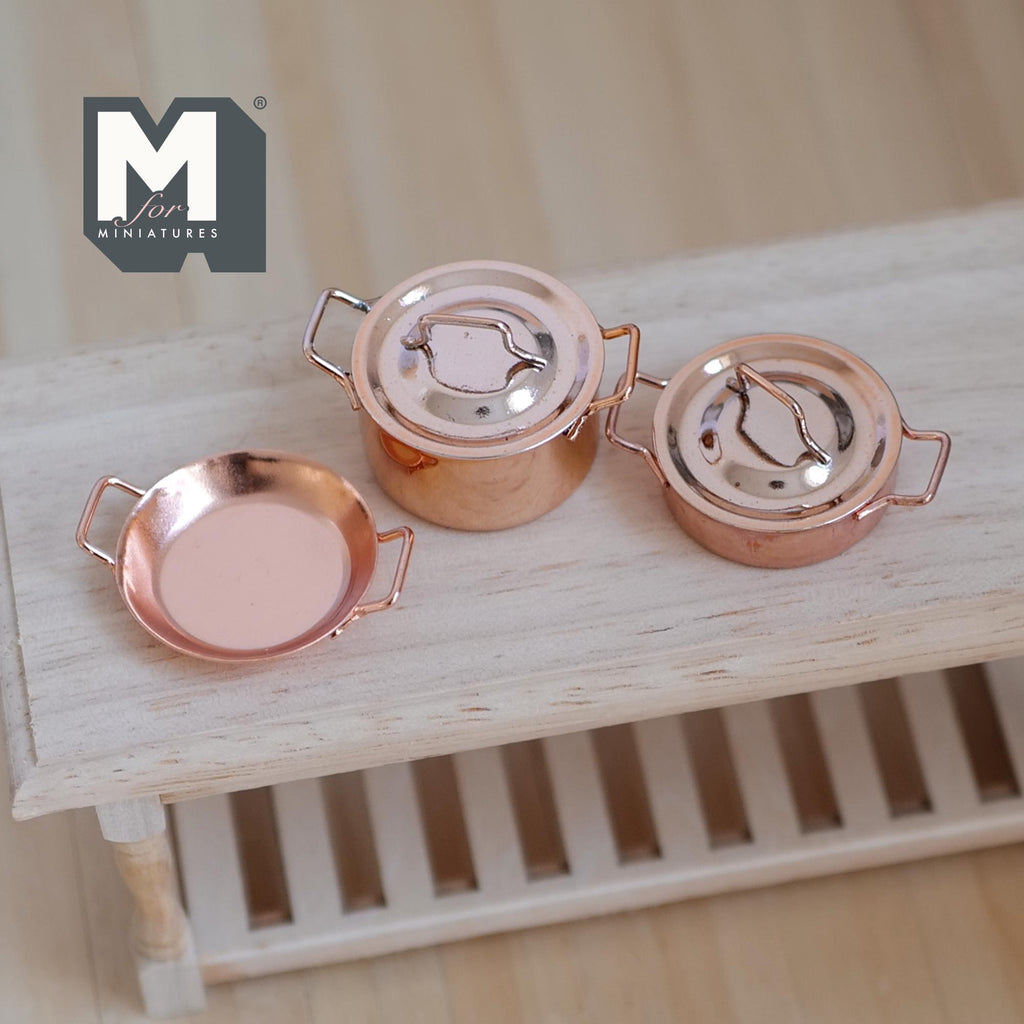 Miniature Cooking Pot and Pans 1:12 Scale Dollhouse Kitchenware Metal Pot and Pans with Lid 1-1/2 inch dia. Set of 3 (nickel plated) - A018