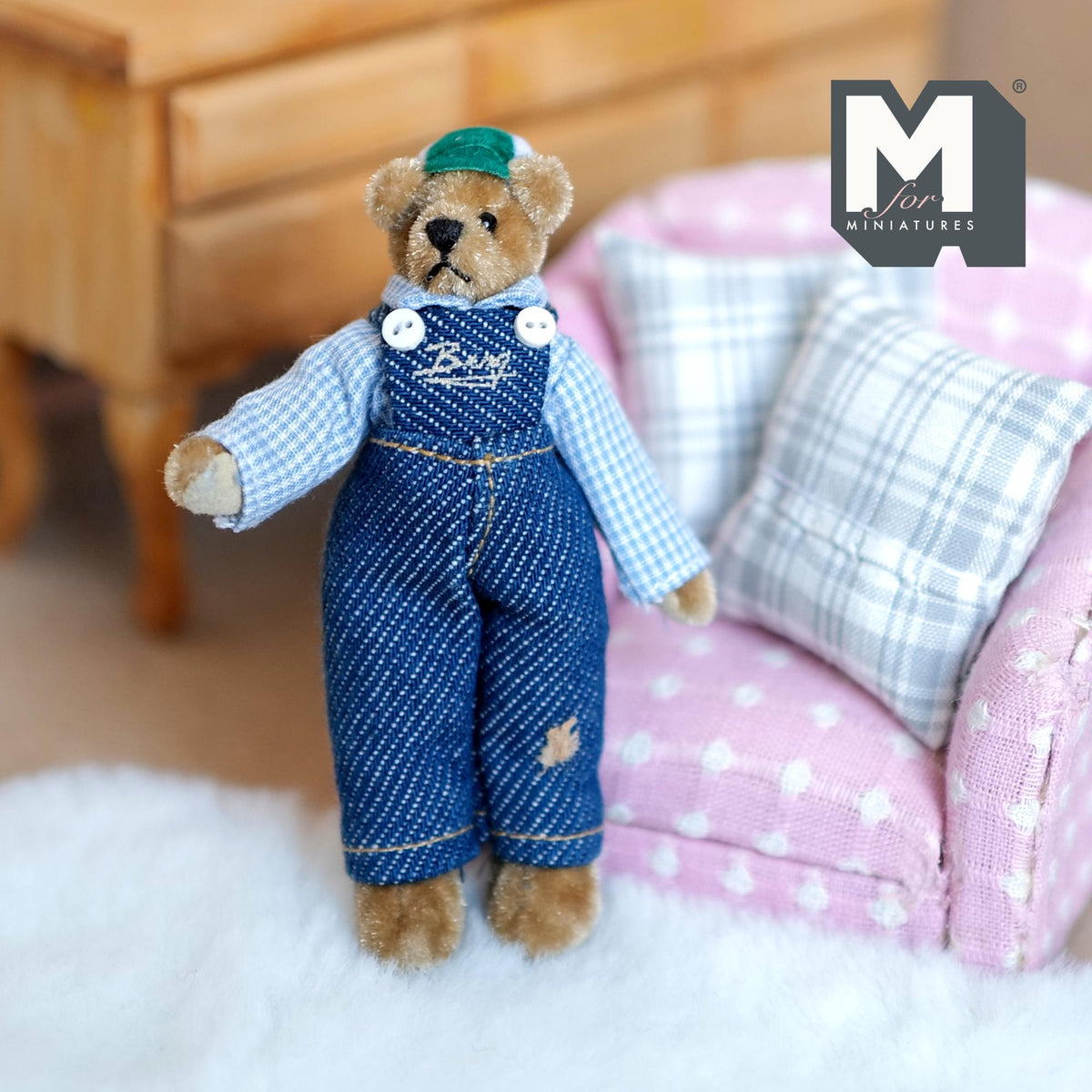 1:12 Scale Miniature Plush Bear in Denim Overalls and Cap, Movable Limbs, 3-3/16 inch tall, DIY Dollhouse Supply