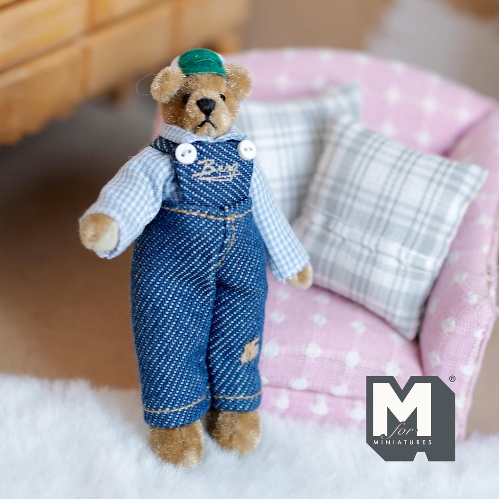1:12 Scale Miniature Plush Bear in Denim Overalls and Cap, Movable Limbs, 3-3/16 inch tall, DIY Dollhouse Supply