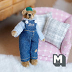 1:12 Scale Miniature Plush Bear in Denim Overalls and Cap, Movable Limbs, 3-3/16 inch tall, DIY Dollhouse Supply