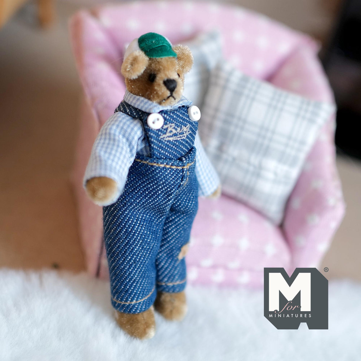 1:12 Scale Miniature Plush Bear in Denim Overalls and Cap, Movable Limbs, 3-3/16 inch tall, DIY Dollhouse Supply