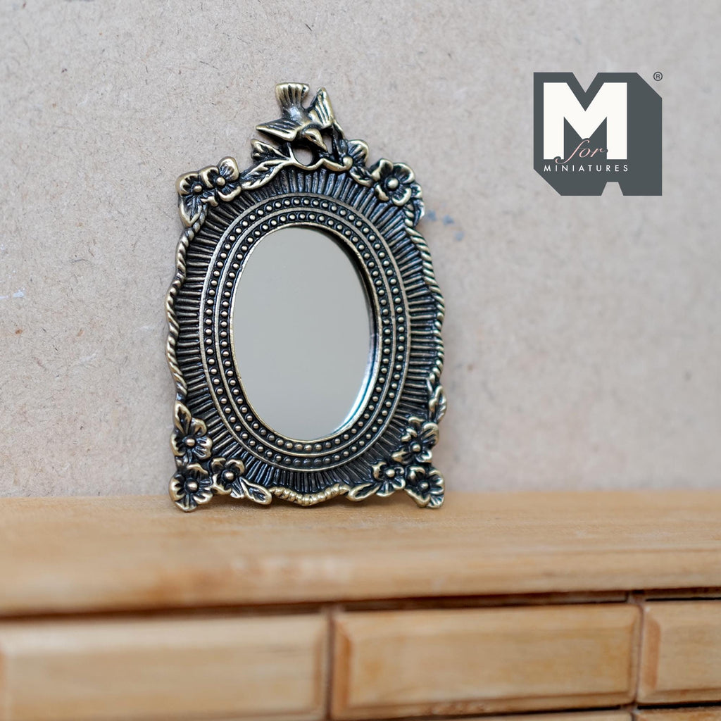 1:12 Scale Miniature Oval Mirror, Floral Frame with Bird, 2-3/8 inch tall, DIY Dollhouse Supply (metal)