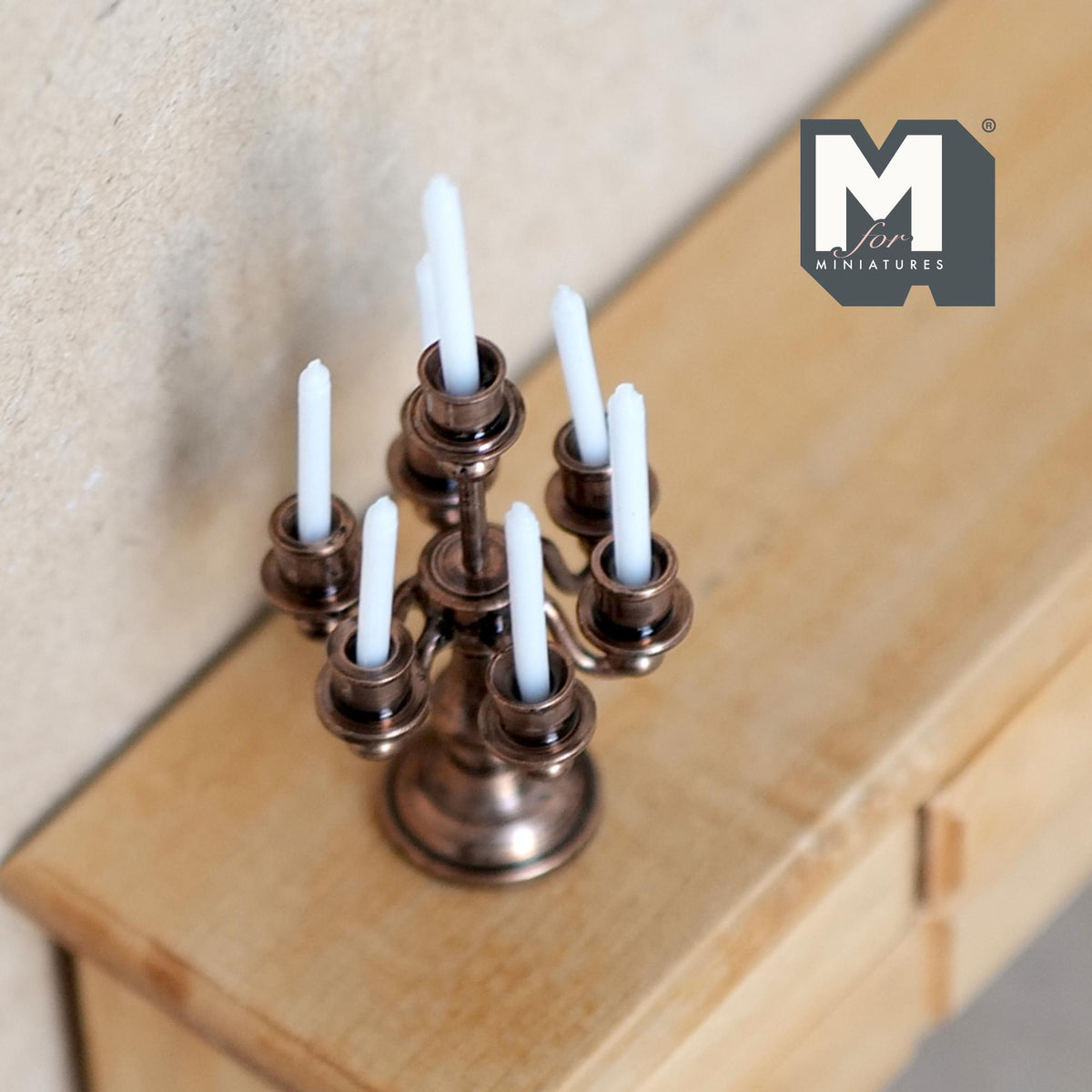 1:12 Scale Miniature Metal Candelabra, 5 Arms with Candles, 2-5/8 inch tall, DIY Dollhouse Supply (bronze)