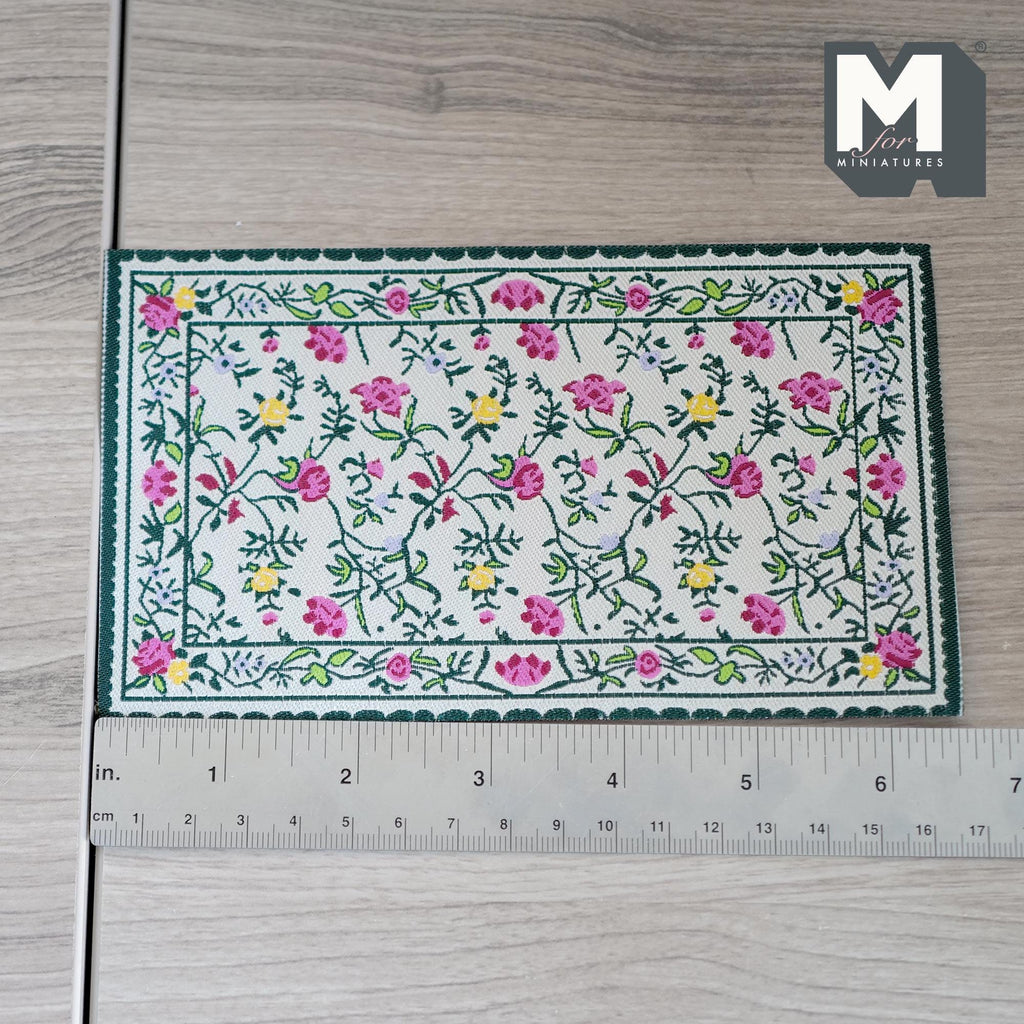 1:12 Scale Miniature Floral Area Rug, Green Border, 6-9/16 inch long, DIY Dollhouse Supply (cream)