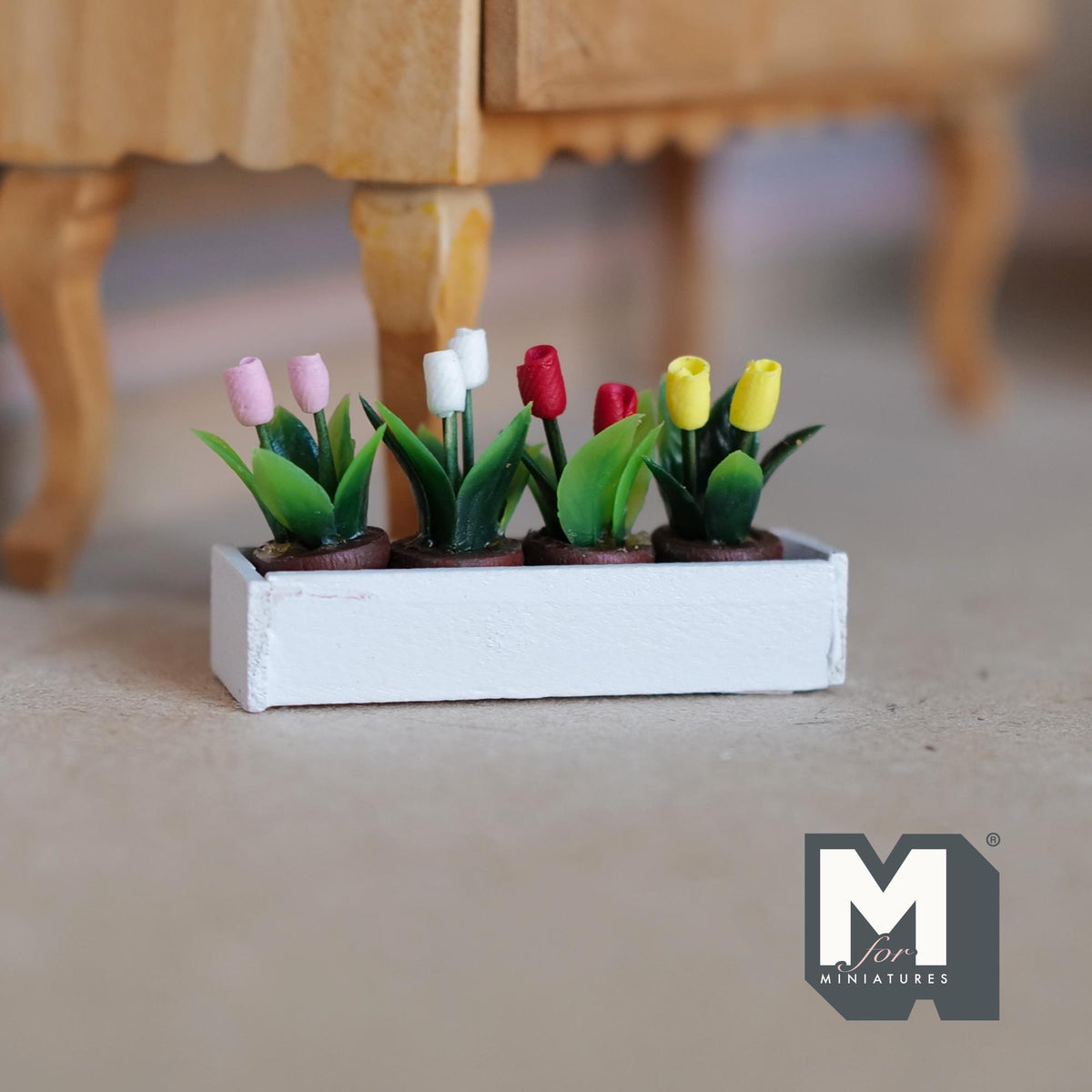 1:12 Scale Miniature Flower Tray with 4 Potted Tulips, 1-5/8 inch wide, DIY Dollhouse Supply (wood)