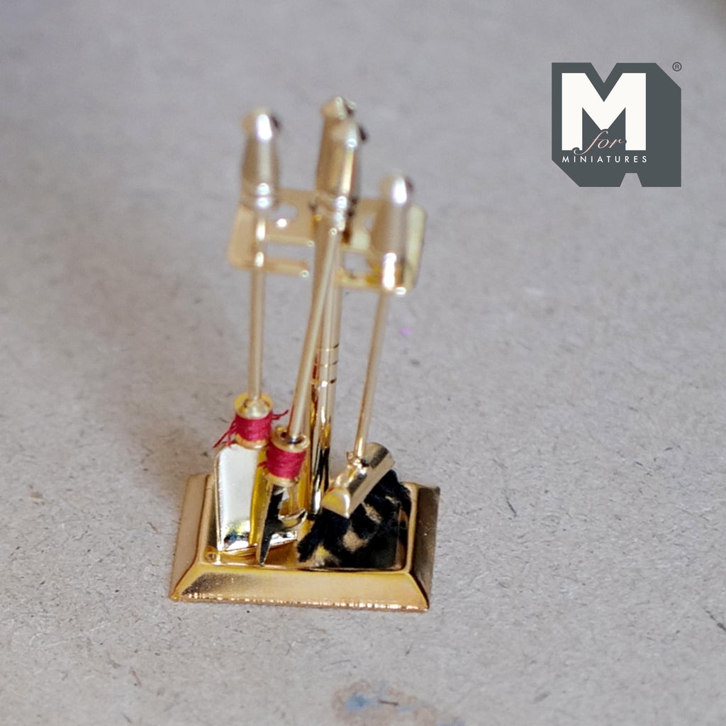 1:12 Scale Miniature Brass Fireplace Tool Set with Stand, Poker, Shovel and Brush, 2 inch tall, DIY Dollhouse Supply