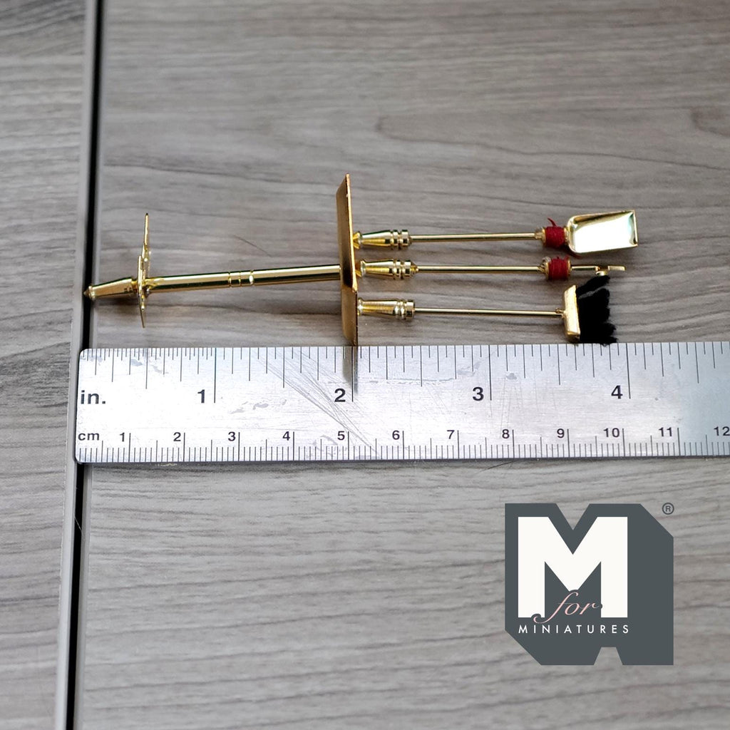1:12 Scale Miniature Brass Fireplace Tool Set with Stand, Poker, Shovel and Brush, 2 inch tall, DIY Dollhouse Supply