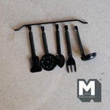 Miniature Utensils with Hanging Rod 1:12 Scale Dollhouse Cooking Set Turners Fork Spatula Skimmer 1-9/16 inch long (metal) (black) - D034