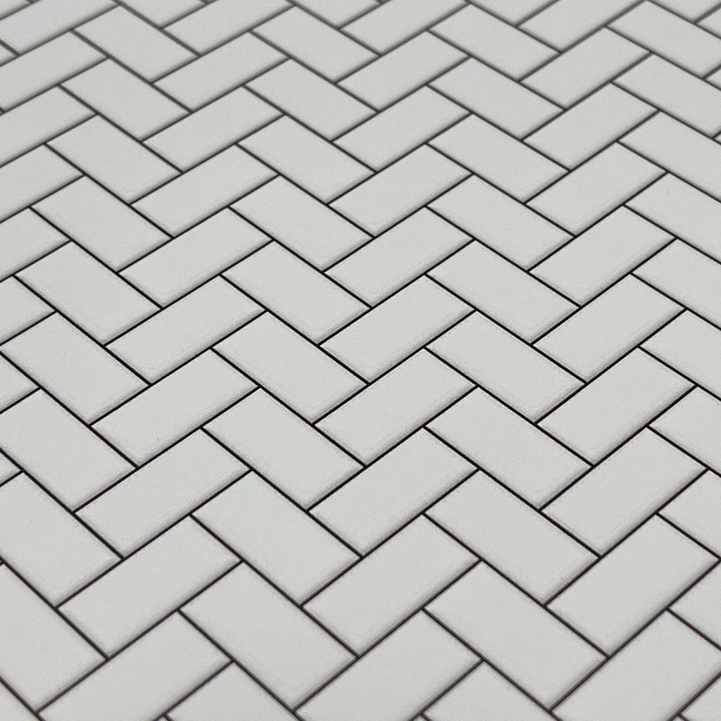Miniature White Embossed Herringbone Subway Tile Sheet, 15-15/16 x 11-5/8 inch, DIY Dollhouse Supply (black grout)