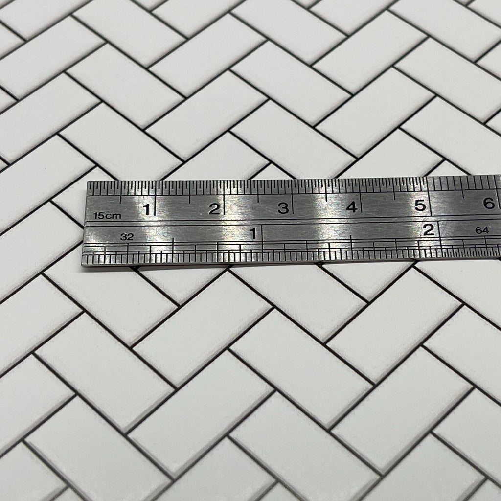 Miniature White Embossed Herringbone Subway Tile Sheet, 15-15/16 x 11-5/8 inch, DIY Dollhouse Supply (black grout)