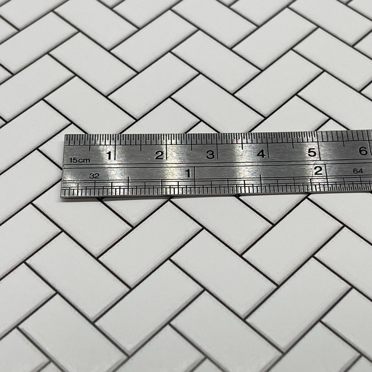 Miniature White Embossed Herringbone Subway Tile Sheet, 15-15/16 x 11-5/8 inch, DIY Dollhouse Supply (black grout)