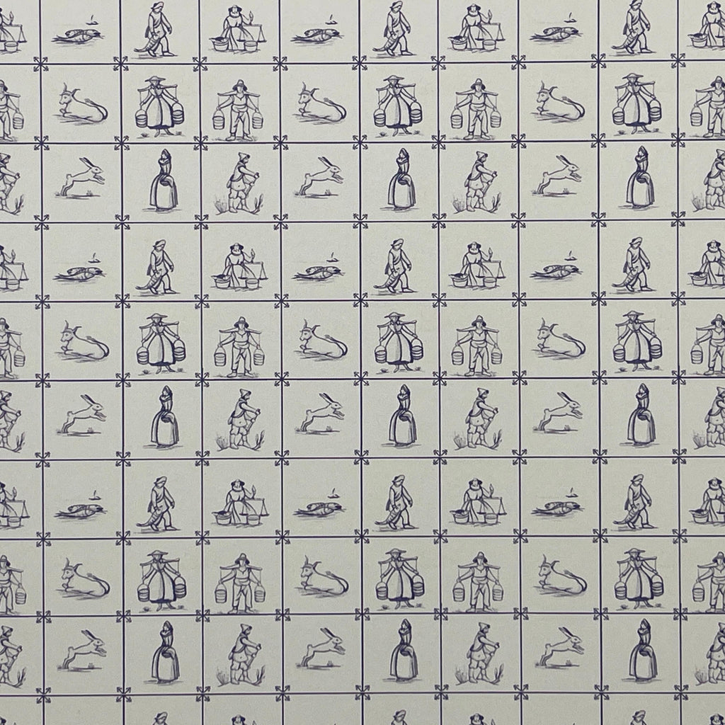 Miniature Delft Farmers and Fishermen Tile Wallpaper, 5/8 inch Tiles, 16-1/16 x 11-3/4 inch, DIY Dollhouse Supply (blue)