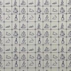 Miniature Delft tile wallpaper with blue farmers and fishermen figures on cream square tiles, full sheet pattern view