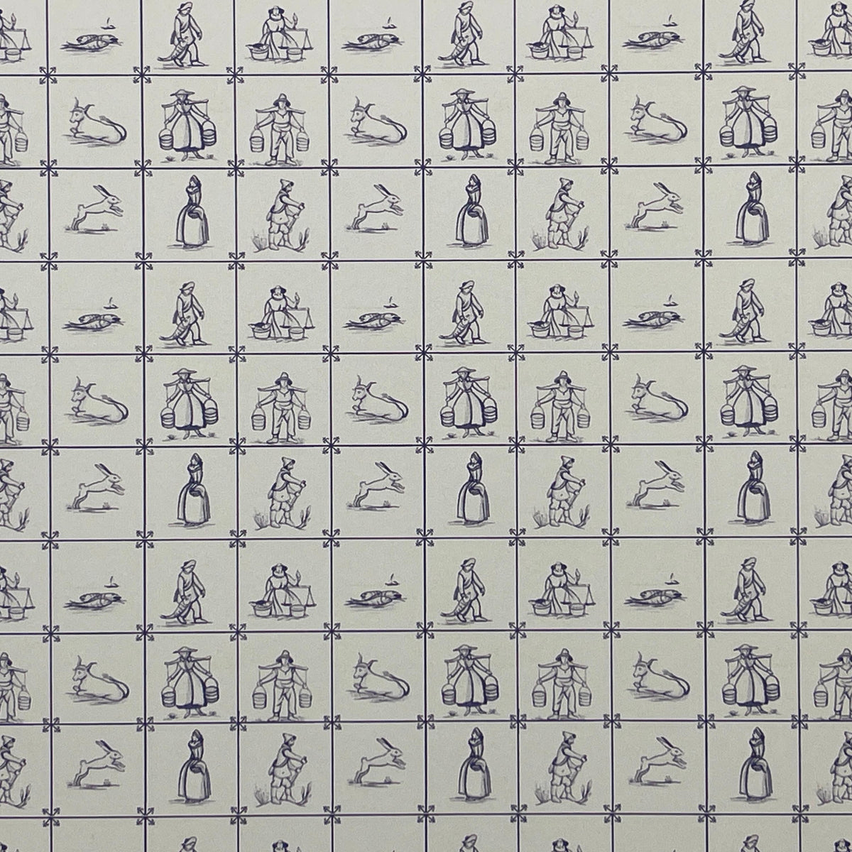 Miniature Delft Farmers and Fishermen Tile Wallpaper, 5/8 inch Tiles, 16-1/16 x 11-3/4 inch, DIY Dollhouse Supply (blue)