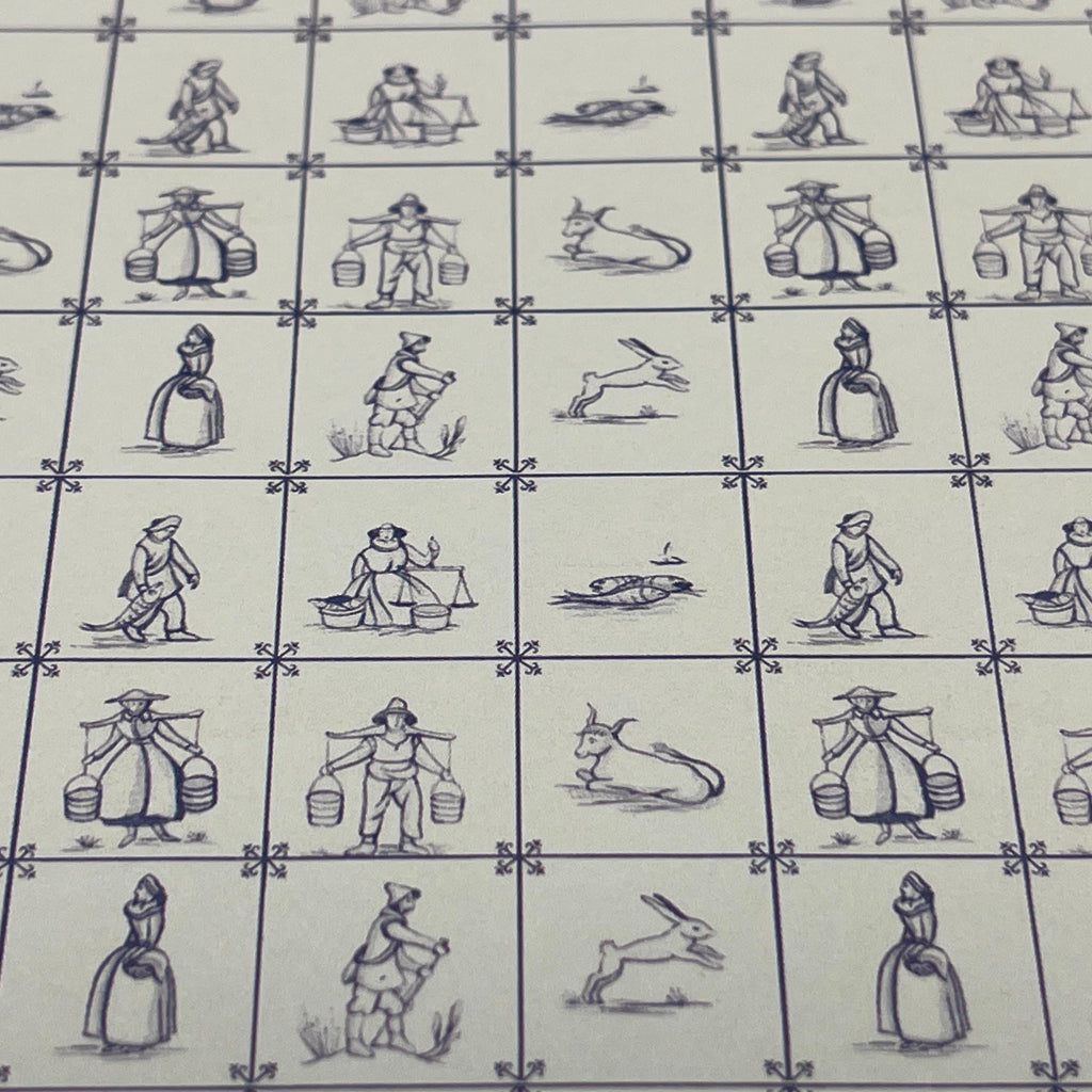 Miniature Delft Farmers and Fishermen Tile Wallpaper, 5/8 inch Tiles, 16-1/16 x 11-3/4 inch, DIY Dollhouse Supply (blue)